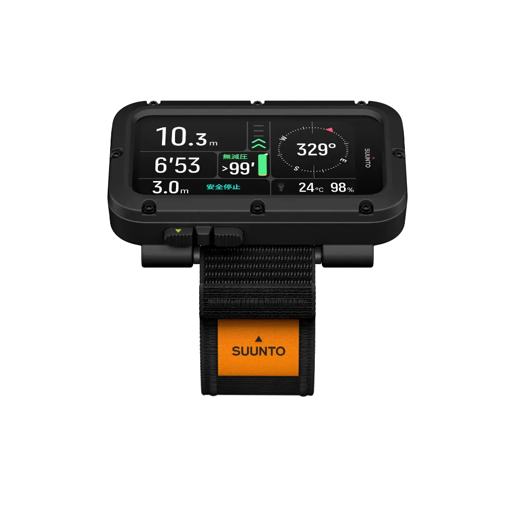 Suunto_Nautic Black_Velcro strap_Front tilt yellow tag_compass_JP.webp